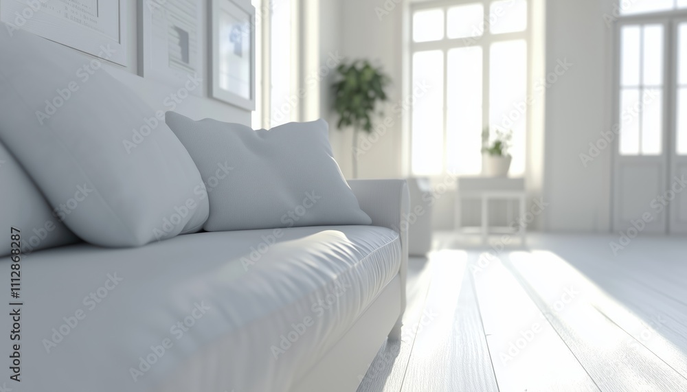 Stylish White Living Room With Sofa And Side Table On Laminate Floor: Interior View In Mal Style. 3d Rendering Included. Stylish White Living Room With Sofa And Side Table On Laminate Floor: Interior View In Mal Style. 3d Rendering Included.