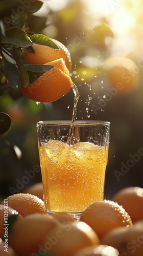 Fresh orange juice pouring into a glass among ripe oranges in a sunlit grove