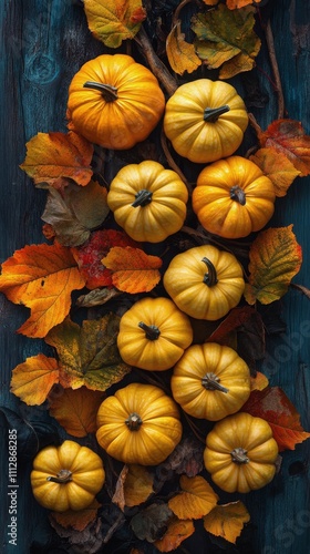 Colorful autumn display with pumpkins and vibrant leaves in a cozy setting