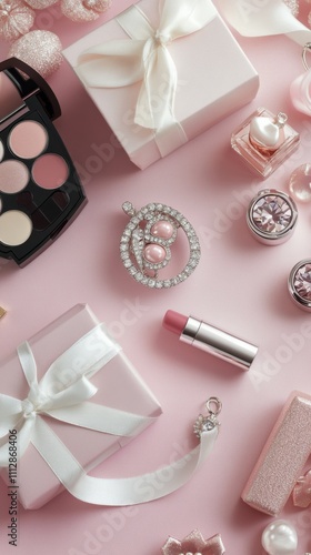 Beautiful collection of pink makeup and cosmetics arranged on a soft pink bac...