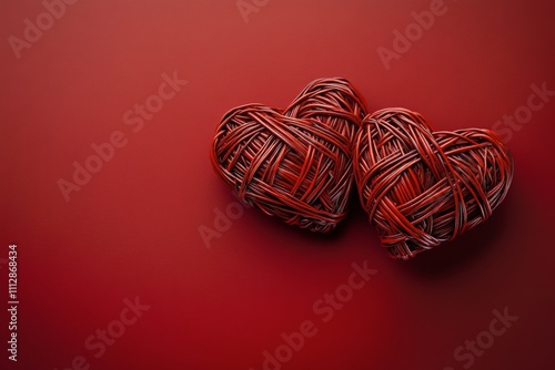 Two intertwined heart shaped decorations on a vibrant red surface for romanti...