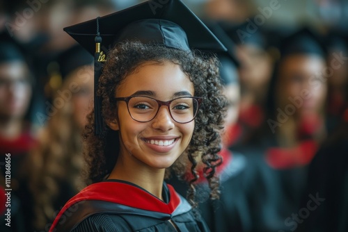 Joyful graduate celebrating achievement at a graduation ceremony in bright ac...