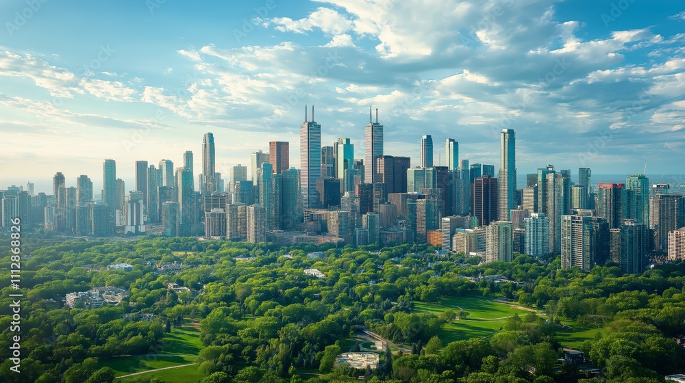 Obraz premium Modern city skyline with lush green parks, symbolizing urban sustainability, environmental harmony, and the balance between nature and metropolitan development, Generative AI