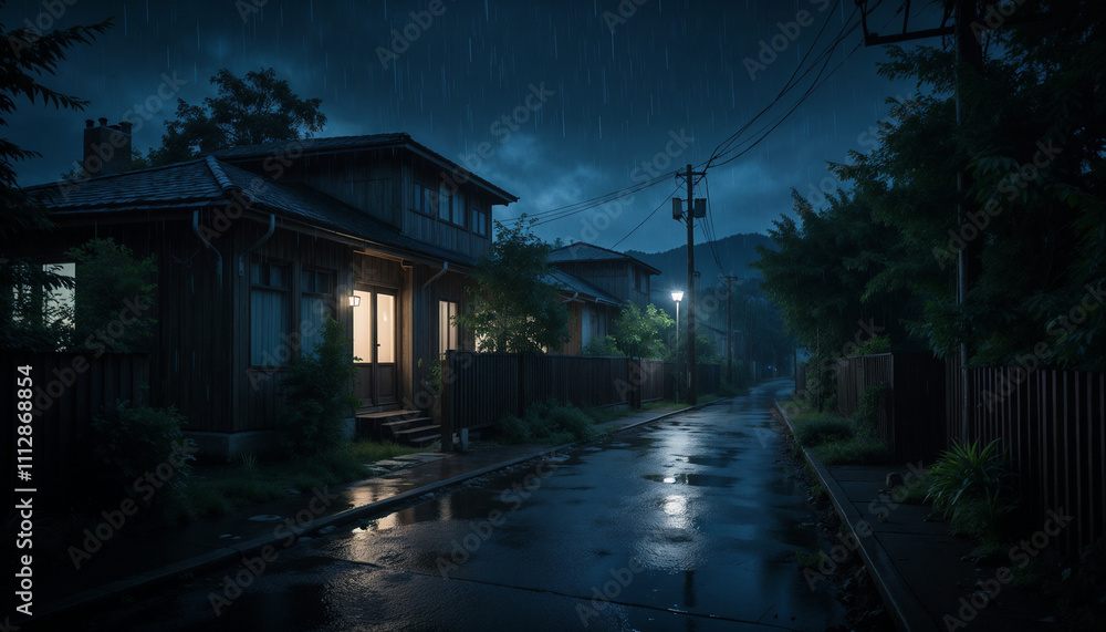 Rainy Night Scene with Wet Road, Wooden House, and Streetlight Reflection.A Silent Path Illuminated by Warm Lights in the Rain. A glowing house amidst the rain, symbolizing the warmth of refuge ag
Rainy Night Scene with Wet Road, Wooden House, and Streetlight Reflection.A Silent Path Illuminated by Warm Lights in the Rain. A glowing house amidst the rain, symbolizing the warmth of refuge ag