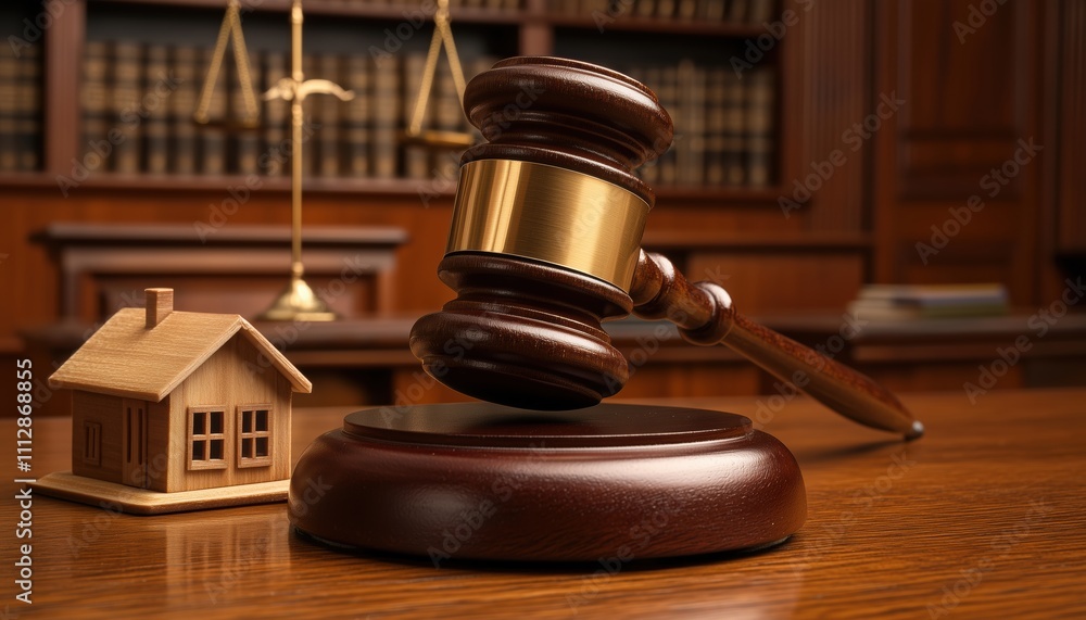 Brown Gavel And Small Wooden House Model On Judge'S Table In Courtroom For Real Estate Law And Property Division Hearings. Brown Gavel And Small Wooden House Model On Judge'S Table In Courtroom For Real Estate Law And Property Division Hearings.