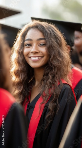 Proud graduate celebrates achievement during outdoor commencement ceremony