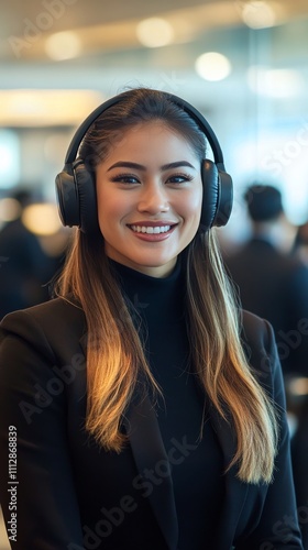 Smiling young woman enjoying music with headphones in a modern workspace