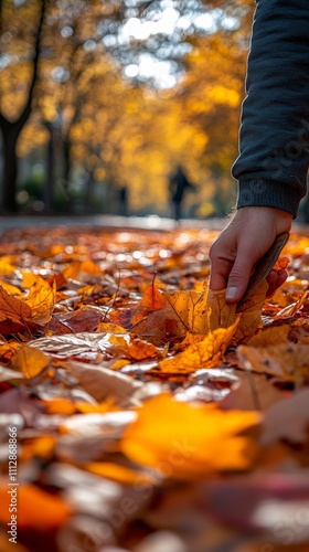 A close-up shot of a hand gently picking up a yellow autumn leaf from a ground covered in vibrant fall leaves. The warm lighting enhances the feeling of the autumn season. AI generated. photo