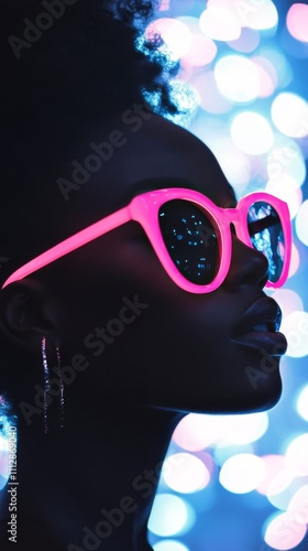 Captivating profile silhouette highlighted by neon glasses against a blue bok...