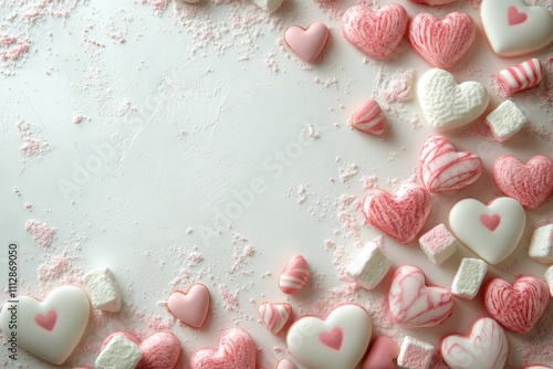 Colorful heart shaped candies arranged on a white surface for a sweet celebra...
