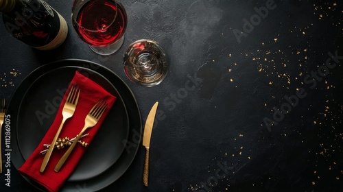 Elegant table setting with golden cutlery and red napkin on a dark background...