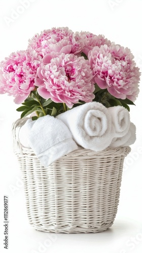 Elegant towel arrangement with pink peonies in a woven basket for home decor