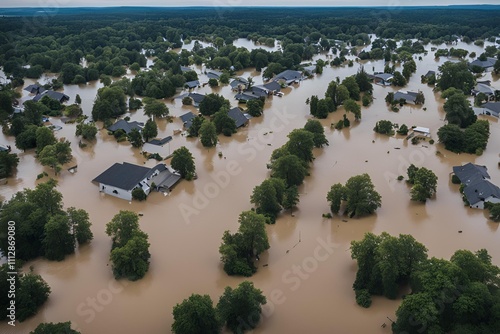 Drone view of a flooded urban area, with streets, buildings, and vehicles submerged in water. The cityscape is spread out below, showing the widespread flooding, with some high-rise buildings and road photo