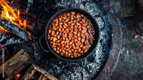 Savory baked beans simmering over an open fire.  The perfect campfire cookout treat for a cozy evening outdoors. photo