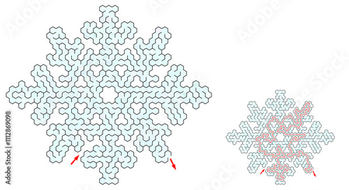 Labyrinth inside the snowflake shape. Creative Christmas flat maze. Puzzle related to frost, winter, new year, cold temperature. Simple vector style