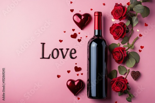 Elegant wine bottle surrounded by red roses and hearts for a romantic occasion