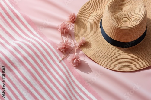 Stylish straw hat and pink striped beach towel on soft surface during sunny a...