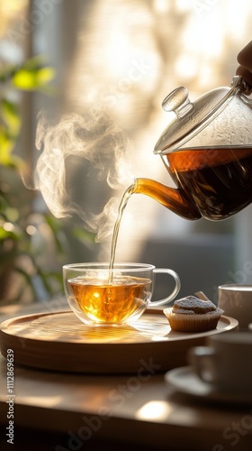 Pouring steaming tea into a clear cup in a bright cafe setting with delicious...