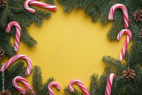 Colorful candy canes and pine branches adorn a bright yellow festive background