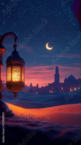 Lantern illuminates desert landscape at night near ancient architecture and s...