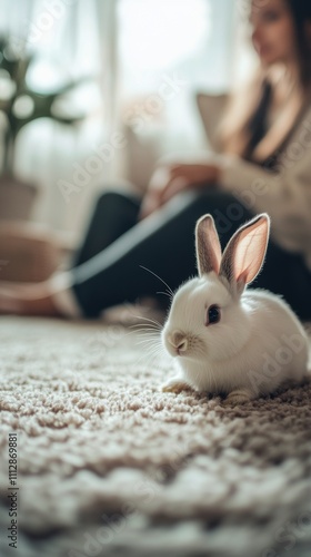 Cute fluffy rabbit resting on carpet while person relaxes in living room