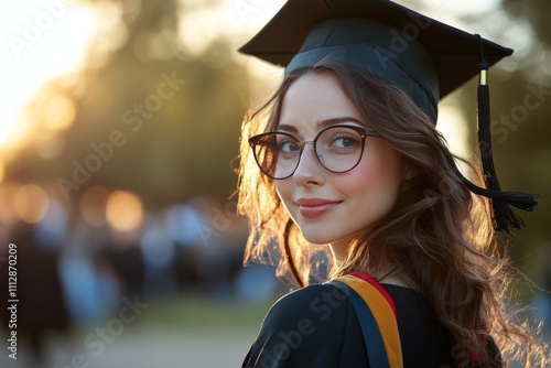Celebrating graduation day with a proud student in a blue cap and gown at sunset