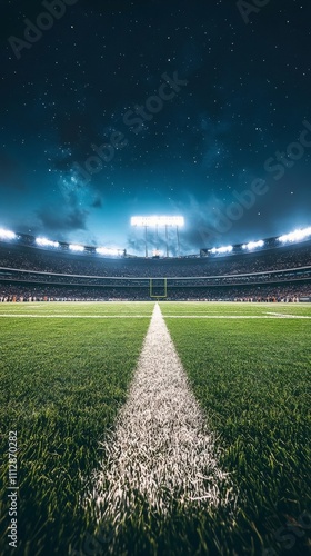 Football stadium under night sky with bright lights and clear field lines
