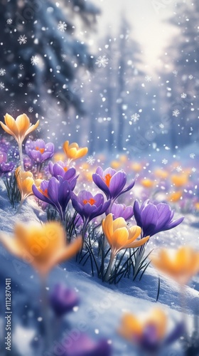 Vibrant crocuses bloom under gentle snowfall in a serene winter landscape