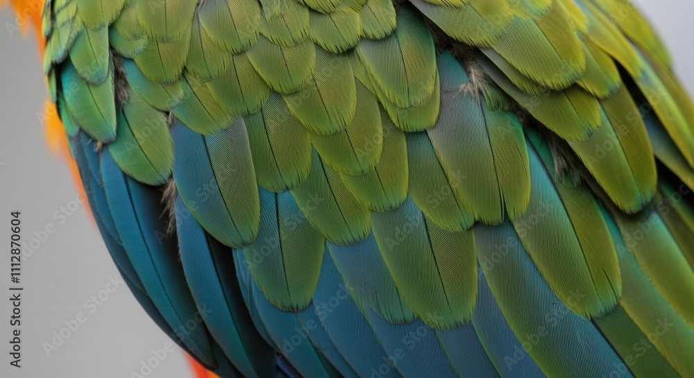Fototapeta premium Vivid green blue macaw feathers close-up