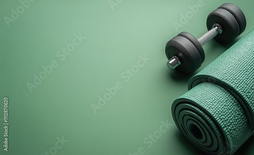 Exercise equipment arranged on a green background with a yoga mat and dumbbell