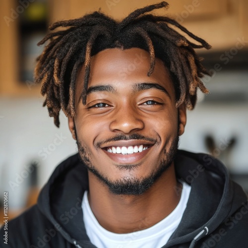 Young man with dreadlocks smiles in a cozy kitchen while preparing a meal