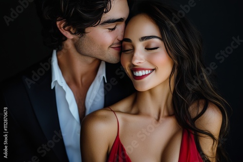 Romantic moment shared between a couple in elegant attire captured indoors at...