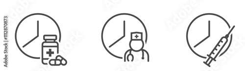 Medical time line icons. Doctor appointment and medication reminder. Health care isolated vector image in simple style