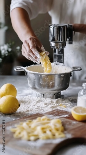 Preparing fresh pasta with lemon and flour in a cozy kitchen setting