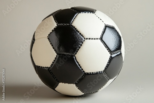 Traditional black and white soccer ball placed on a textured surface with gre...