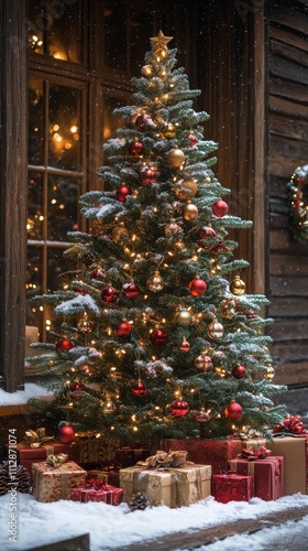 Festively decorated Christmas tree with presents under soft snowfall in a coz...