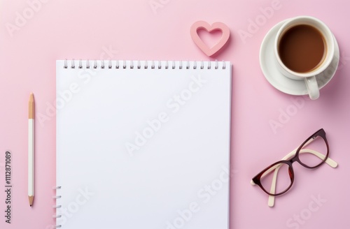 Creative workspace setup with blank notepad and coffee on a pink background