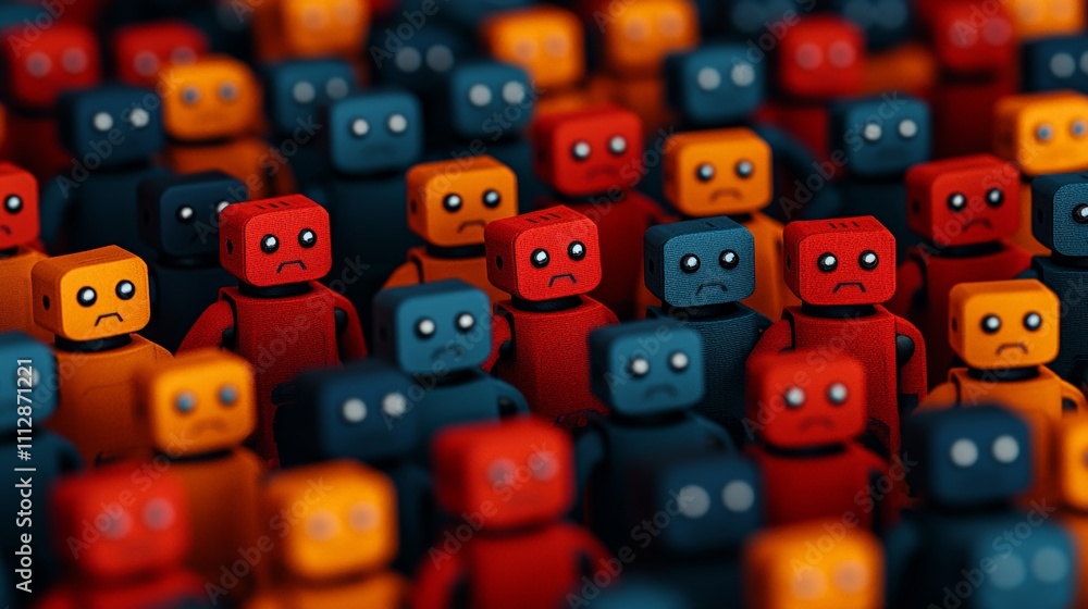 Sad robots crowd, diverse colors, collective emotion. Sad robots crowd, diverse colors, collective emotion.