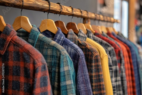 Stylish casual shirts hanging on a wooden rack in a clothing store