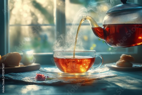 Enjoying a warm cup of tea with herbs in a cozy kitchen during the afternoon