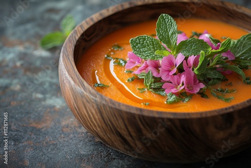 Warm orange soup garnished with fresh herbs and edible flowers in a wooden bowl