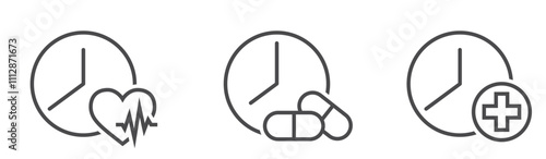 Medical time line icons. Medical exam, cardiac appointment and medication reminder. Health care isolated vector image in simple style