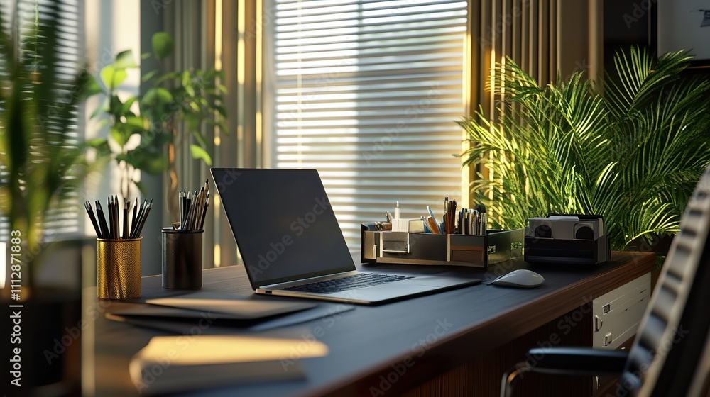 A professional office desk setup with a sleek laptop, modern business accessories, and stylish decor. A professional office desk setup with a sleek laptop, modern business accessories, and stylish decor.
