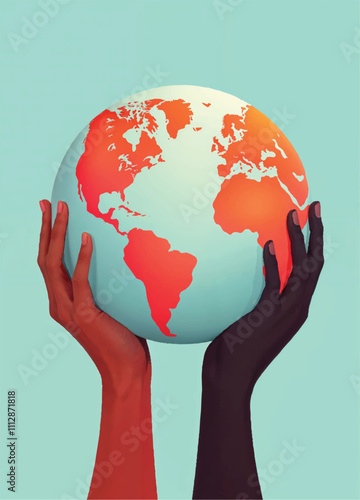 a vector of diverse hands holding a globe with the earth on it on turquoise background