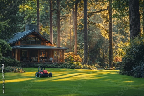 Beautiful garden in front of a charming house with a lawn mower in the foregr...