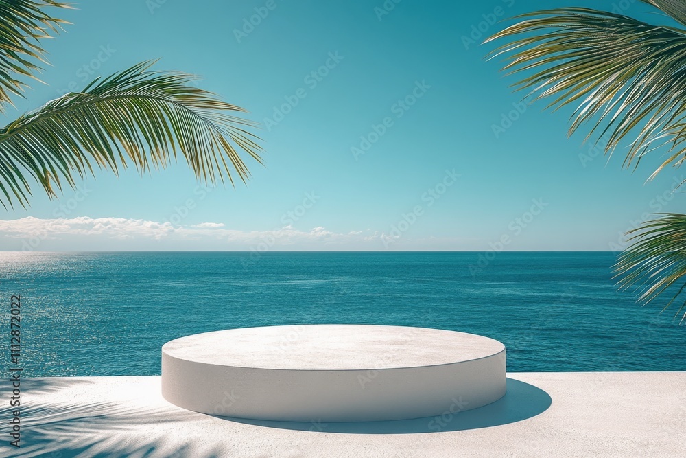 Serene coastal view with a circular platform surrounded by palm trees on a clear day Serene coastal view with a circular platform surrounded by palm trees on a clear day