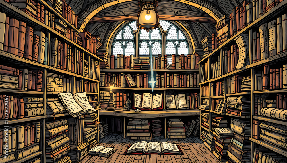 Magic scribe library full of old and valuable manuscripts isolated with white highlights, png Magic scribe library full of old and valuable manuscripts isolated with white highlights, png