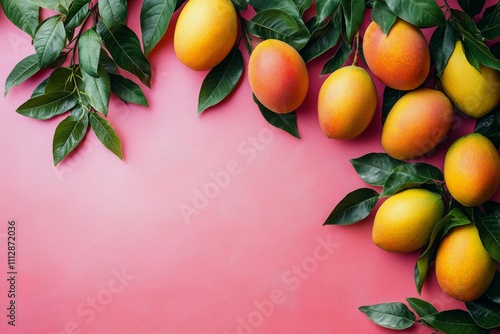 Freshly picked ripe mangoes arranged with vibrant green leaves on a pink back...