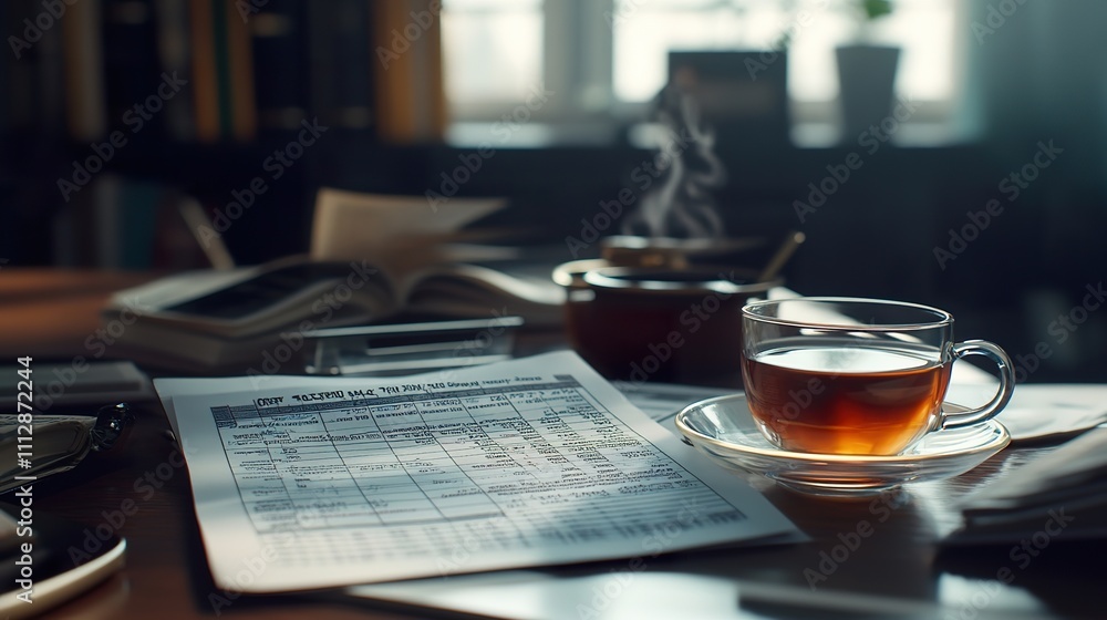 A professional display of a balance sheet and tax documents on a stylish desk, with a cup of tea beside them. A professional display of a balance sheet and tax documents on a stylish desk, with a cup of tea beside them.
