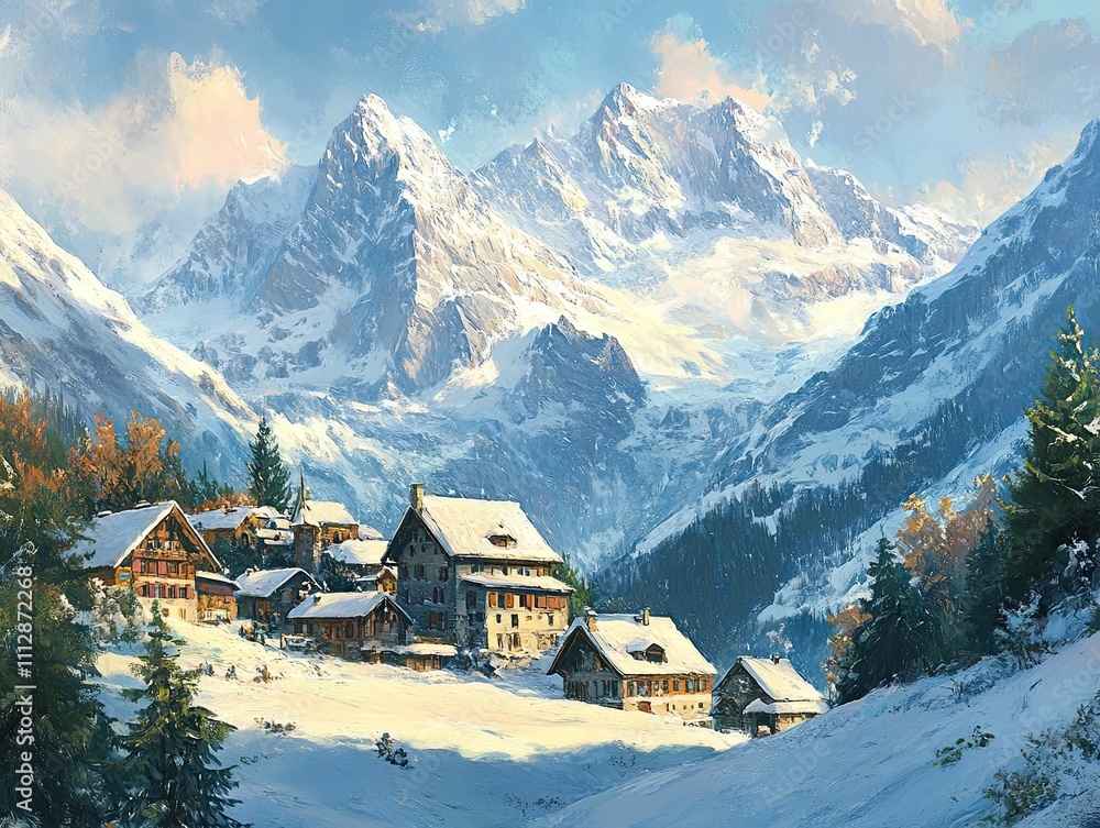 Snowy village nestled in majestic, snow-capped mountains. Snowy village nestled in majestic, snow-capped mountains.
